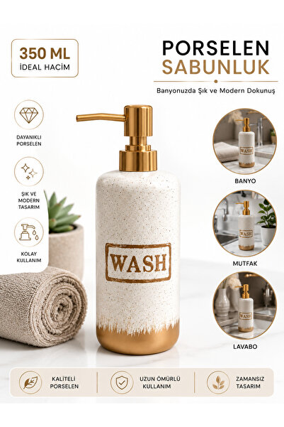 Le Paon Porselen “WASH” Yazılı Altın Kapaklı Sıvı Sabunluk – Şık Modern Banyo...