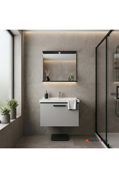 KALE Gris 80 cm Set Siyah Gri (Lavabo Dolabı + Ayna)