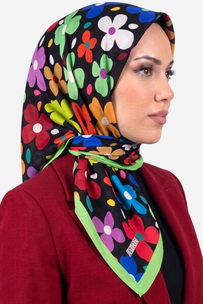 hadiora وشاح نسائي أسود متعدد الألوان من القطن العضوي الناعم بنقشة الزهور