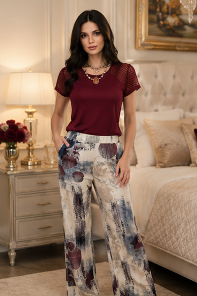 FIRST STYLE Soft Burgundy Turkish Pajamas with Polka Dot Transparent Piece an...