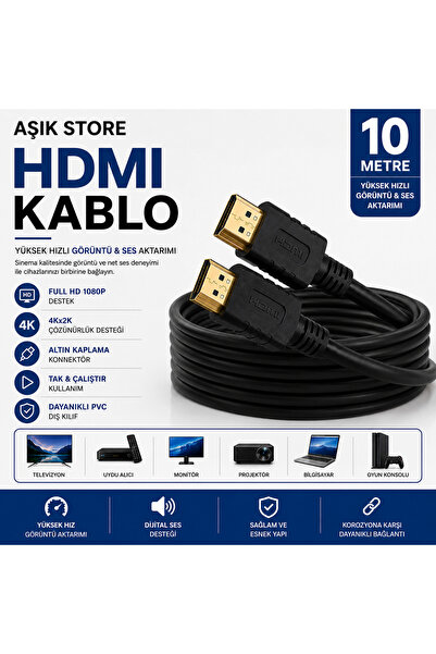 AŞIK STORE HDMI Kablo 10 Metre Full HD 1080P Yüksek Hızlı Görüntü ve Ses Akta...