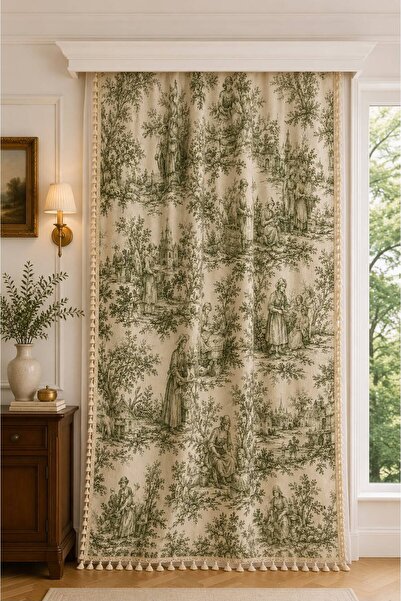 linea natura home Yeşil Fransız Köylü Desenli Fon Perde Kornişli 3 Kenar Püsk...