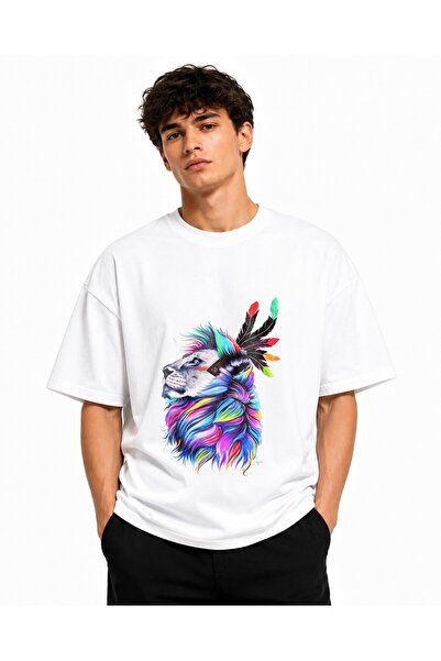 Inscriptie Ουνισέξ Βαμβακερό T-shirt Υψηλής Ποιότητας  "Πολύχρωμο λιοντάρι "