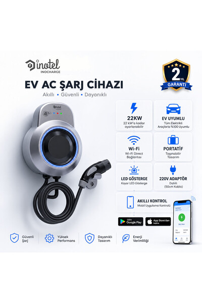 Elektrikli Araç Şarj Cihazı İstasyonu 7 - 11 - 22 kW Uyumlu (Ac Şarj) Kablolu Model INOCHARGE Gri