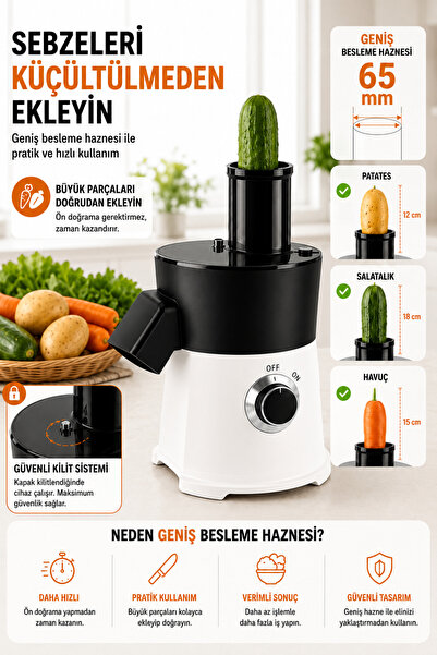 ROBO Elektrikli Sebze Meyve Doğrayıcı – 8 mm Küp Doğrama, 7 Kesim Aparatı, 65 mm Geniş Besleme Beyaz