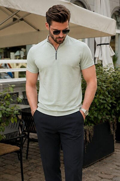 Madmext Zipper Collar Mint Green Men's T-Shirt 6120
