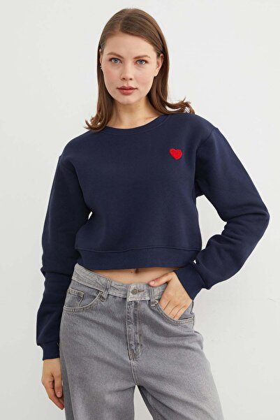 Fulla Moda 3 Thread Heart Embroidered Crop Sweatshirt