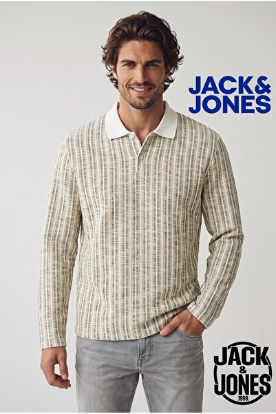 Jack & Jones J&J Jorwinter شريطية بولو طوق العتيقة البلوز الأبيض للرجال