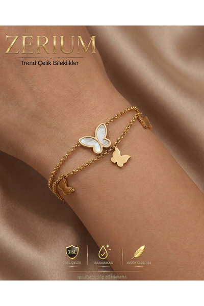 ZERİUM Women's Trendy Steel Bracelet with Double Row Butterfly Figures