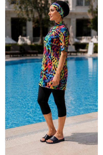 Fitsauna Half Sleeve & Capri Model Water-Repellent Quick-Drying Hijab Swimsuit Set Rainbow Model 1018