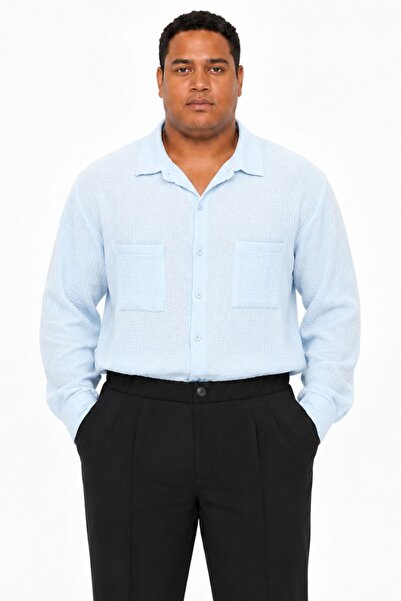 RELAXL Oversize Men's Muslin Shirt with Pockets, Baby Blue, up to 10XL