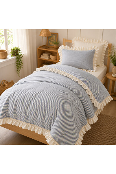 MundoLindo Nature Village Yarn Dyed Natural Cotton Ruffled Single Duvet Cover...