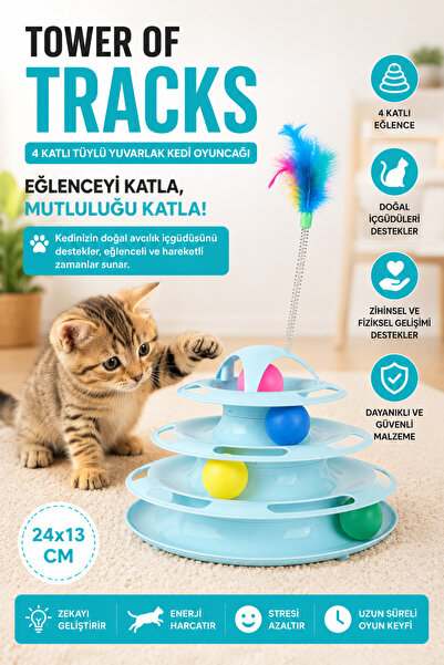 Glipet Tower Of Tracks 4 Katlı Tüylü Yuvarlak Kedi Oyuncağı 24 X 13 Cm Turkuaz