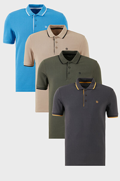 Buratti Cotton Regular Fit Stripe Detailed Buttoned Polo Collar 4-Pack t Shir...