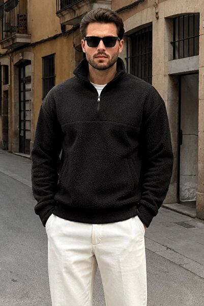 Madmext Black Half Zipper Stand Collar Fleece Sweatshirt E7165