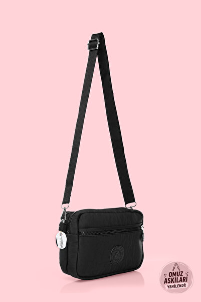 westbag Women's Black Cross Strap Three-Compartment Zippered Crinkle Daily Sh...