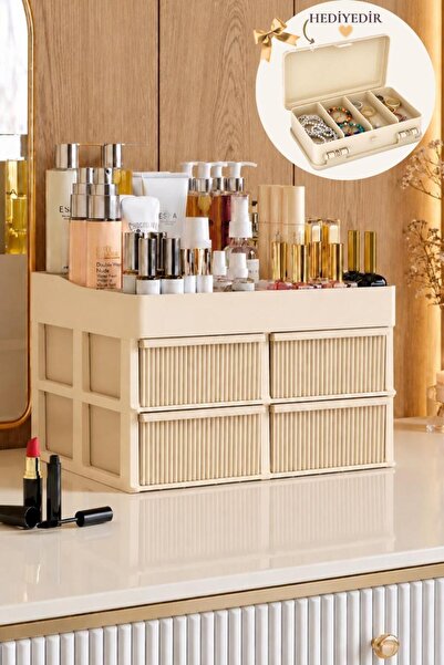 DOVİHOME Gifted Glow Series Luna Four-Drawer Cream-Colored Makeup and Cosmeti...