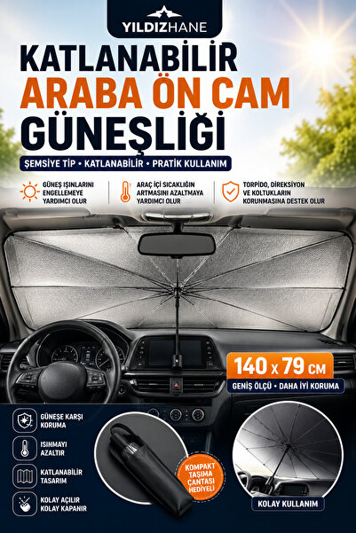 Yıldızhane Foldable Car Sunshade Umbrella Type Windshield Sun Blocker Foldabl...