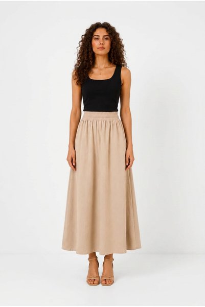 Warasiva Women's Beige 100% Tencel Fabric Skirt with Elastic Waist and Pocket Detail