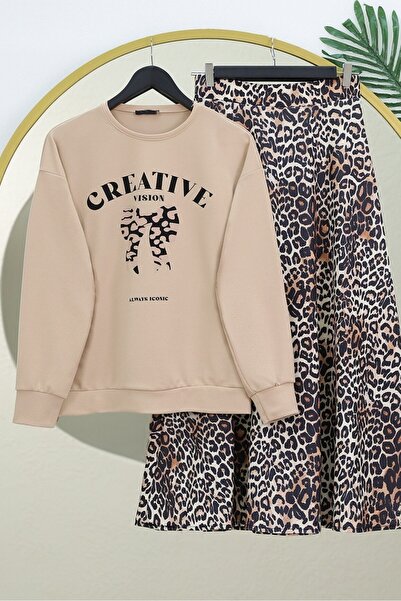Modamorfo Set suknje sa leopard printom i mašnom oko vrata - bež