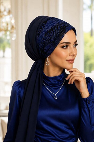 Aişe tesettür Lacivert Saks Mavi Abiye Tokalı Bone / Hazır Duvak