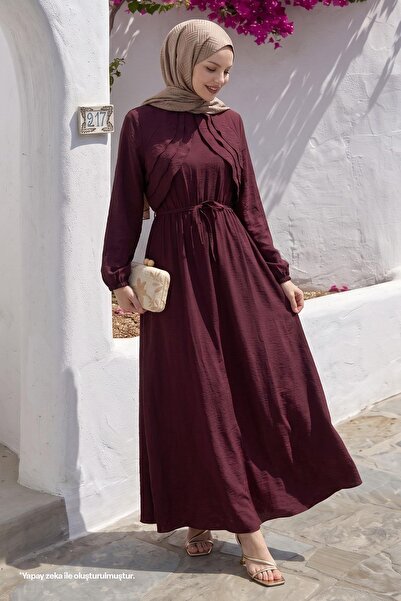 InStyle Önü Kat Detay Kuşaklı Bordo Elbise