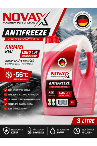 Novax Antifiriz Kırmızı Alman Kalite Formülü Uzun Ömürlü-56 Derece 3 Litre Ge...