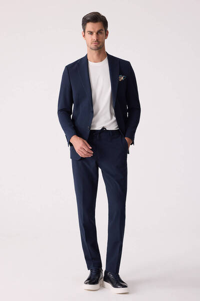 Ysf Erkek Lacivert Slim Fit Torba Cep Çizgili Jogger Pantolonlu Sivri Yaka Ta...