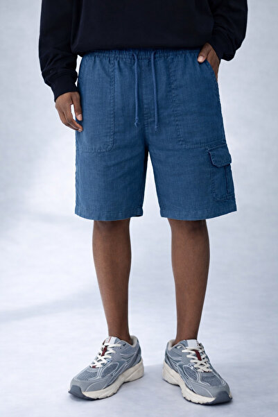 DAMGA JEANS شورت رجالي من الكتان باللون الأزرق الداكن مع جيوب كارجو للاستخدام...