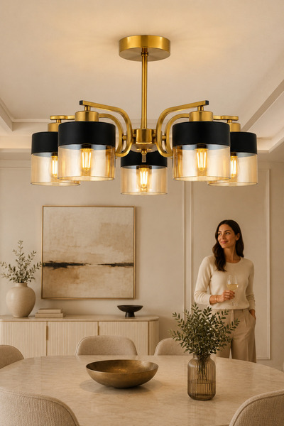 ESSLİGHT Verona 5’li Eskitme Bal Camlı Modern Salon Mutfak Yatak Odası Avizesi