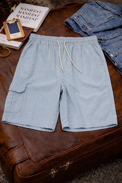 DAMGA JEANS شورت رجالي أنيق وعصري من الكتان الأزرق مع جيوب كارجو واسعة