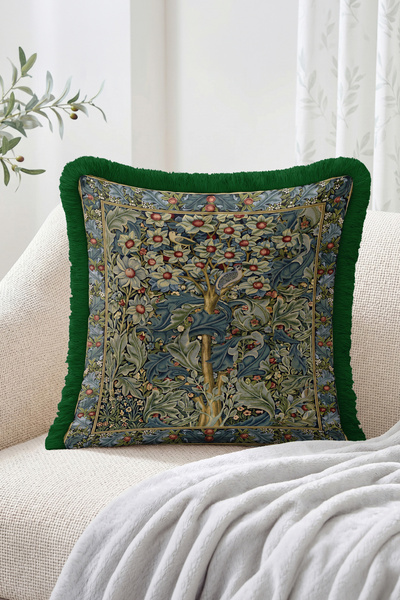 Realhomes Bird Figured Floral and Leaf Patterned Navy Blue Green Fringed Thro...
