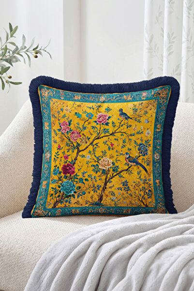 Realhomes Yellow Ground with Birds and Flowers Blue Framed Fringed Throw Pill...