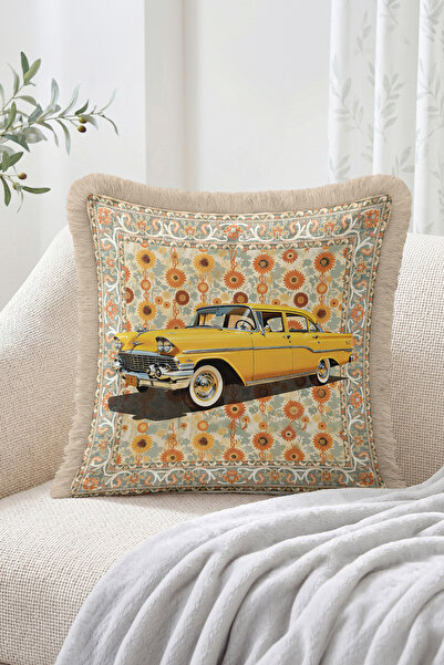 Realhomes Yellow Classic Car Figured Floral and Ethnic Border Pattern Fringed...