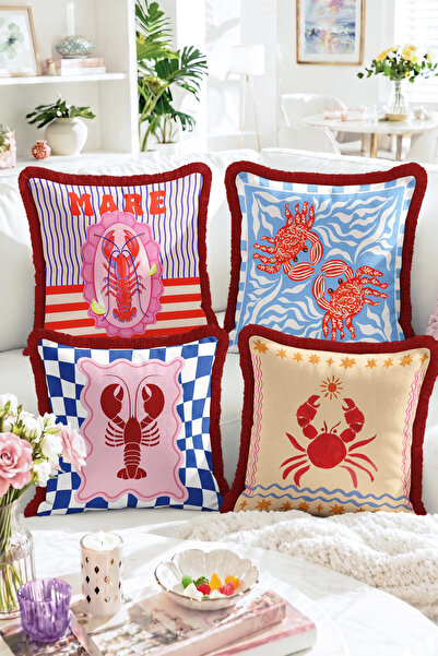 Realhomes Sea-Themed Crab and Lobster Figured 4-Piece Fringed Throw Pillow Co...