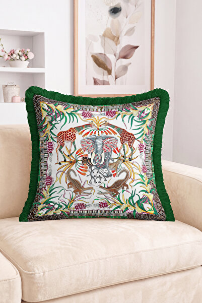 Realhomes Botanical Floral Patterned Green Fringed Throw Pillow Cover with El...