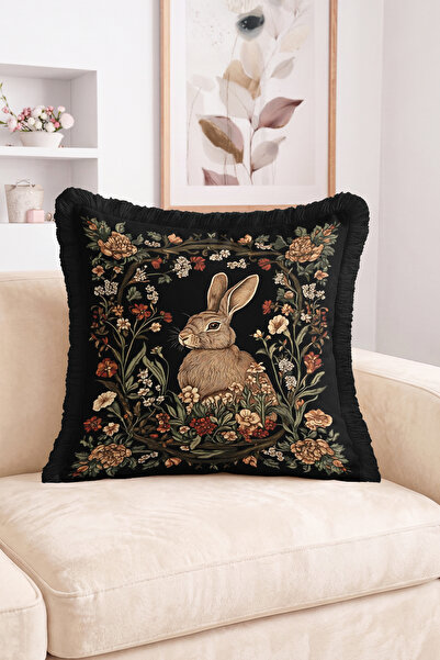 Realhomes Rabbit Figured Floral Wreath Motif Fringed Throw Pillow Cover Vinta...
