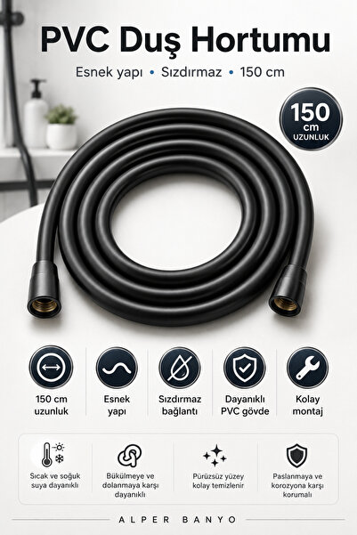 Alper Banyo Siyah Yüksek Basınçlı Duş Hortumu, 150 cm, PVC Esnek ve Sızdırmaz...