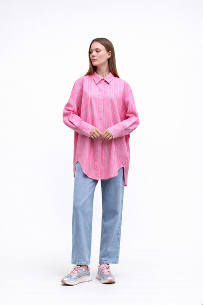 QANU Oversize Çizgili Gömlek Pembe