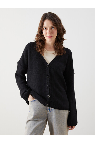 LC Waikiki Lcwaikiki Classic Black V-Neck Oversize Women's Knitwear Cardigan