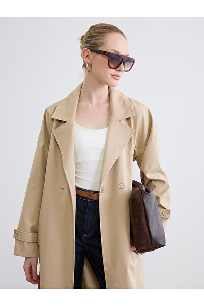 LC Waikiki Trendlucky Double-Breasted Collar Belted Oversized Women's Trench ...
