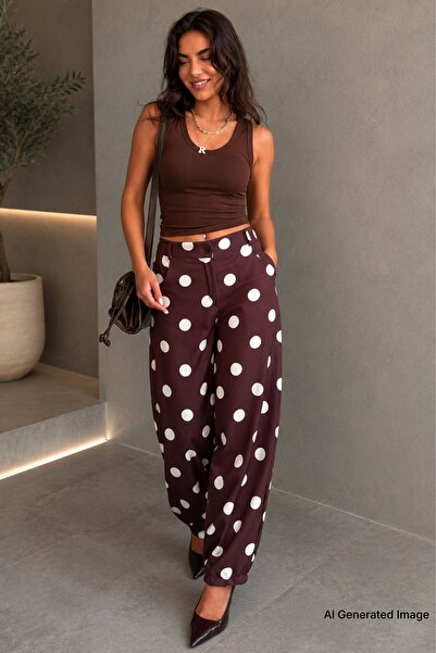 Madmext Brown Polka Dot Elastic Waist Balloon Women's Trousers Mg2886