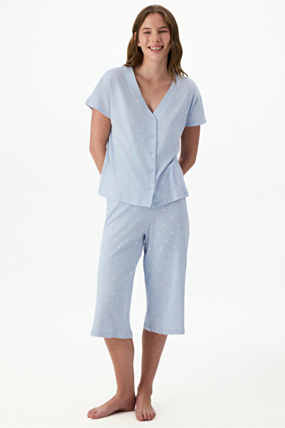 Penti Spring Blue Sky Pointel Polka Dot Patterned Short Sleeve Capri Pajamas Set