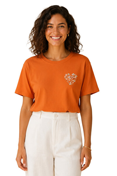 DK DAKSEL Women's Floral Heart Printed Crew Neck Cotton T-Shirt