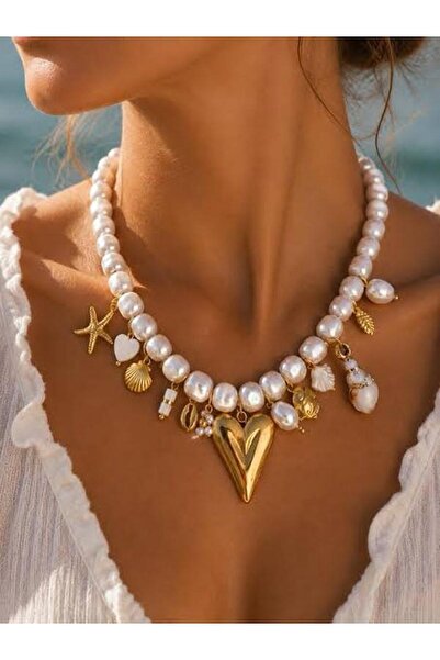 Haziran Accessory, Steel Pearl Heart Charm Necklace