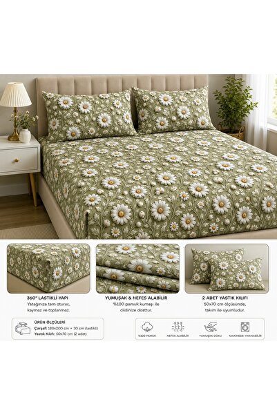 Sares Home Green Daisy Land 5D Double King Size Elastic Sheet Set
