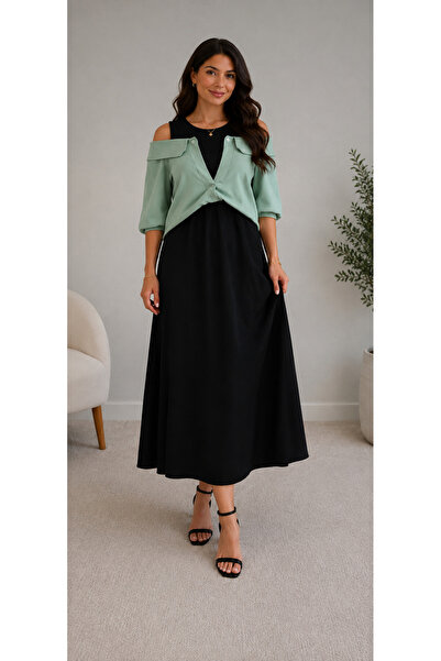 Selence Off-Shoulder Khaki Shirt Detailed Dress Black