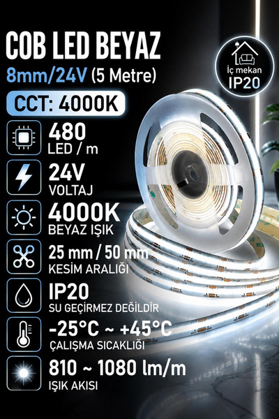 Nexo Cob şerit Led Beyaz 8mm/24V (5 Metre)