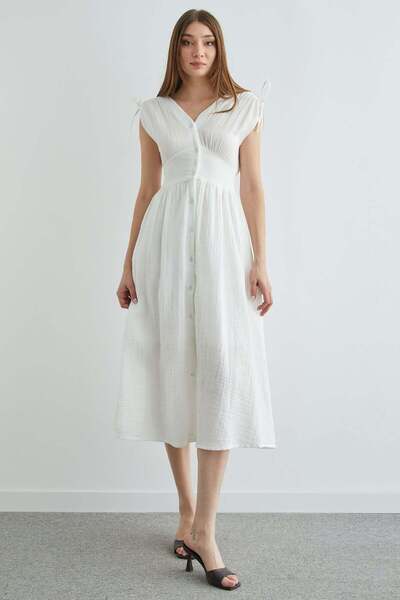 Fulla Moda Shoulder Drawstring Buttoned Muslin Dress