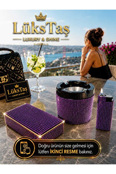 Lüks Taş Taşlı Sigara Kutusu Çakmak ve Küllük Takımı (Kısa Slim)